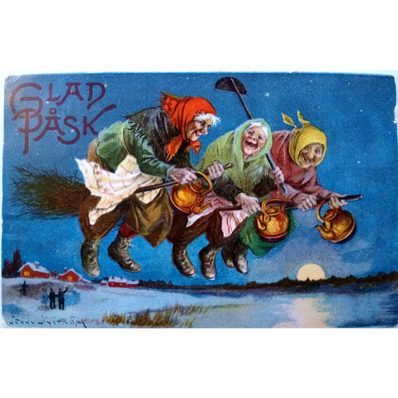 Easter Witch Postcard Glad Pask 3 Witches Tea Pots Brooms Moon Jenny Nystrom - Picture 1 of 4
